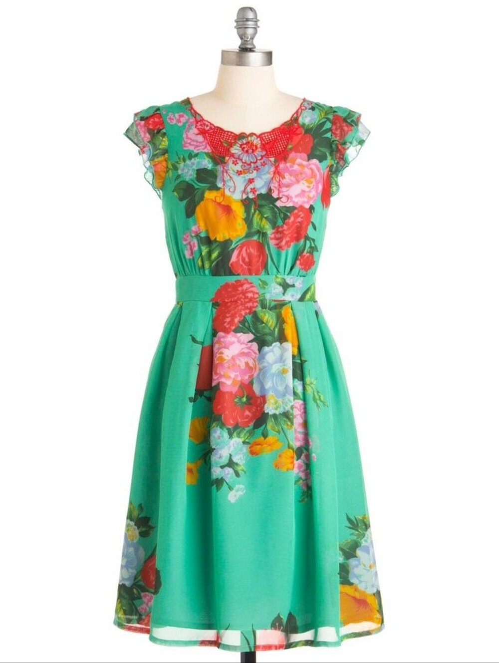 Modcloth Ruby Belle retro fit and flare dress aqua floral red lace pinup women's
